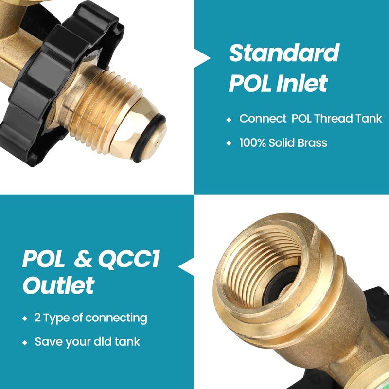 Aekops 100 lb Propane Tank Adapter, Propane Gauge for 100 lb Propane Tank, Universal Fit Pol to Qcc1 Propane Tank Adapter Converts Pol to Qcc1 / Type 1 - Old to New Connection Type, Solid Brass (1PC) - Image 2